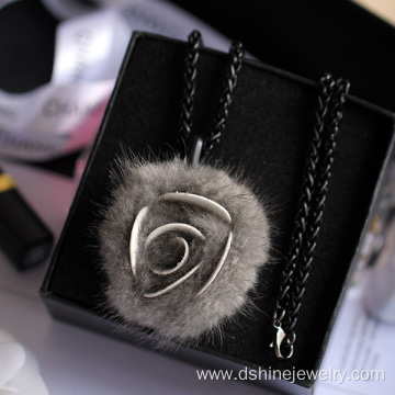 Rose Shape Fur POM POM Necklace Long Chain Necklace For Lady